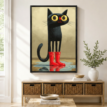 Black Cat Red Rain Boots Retro Canvas Wall Art
