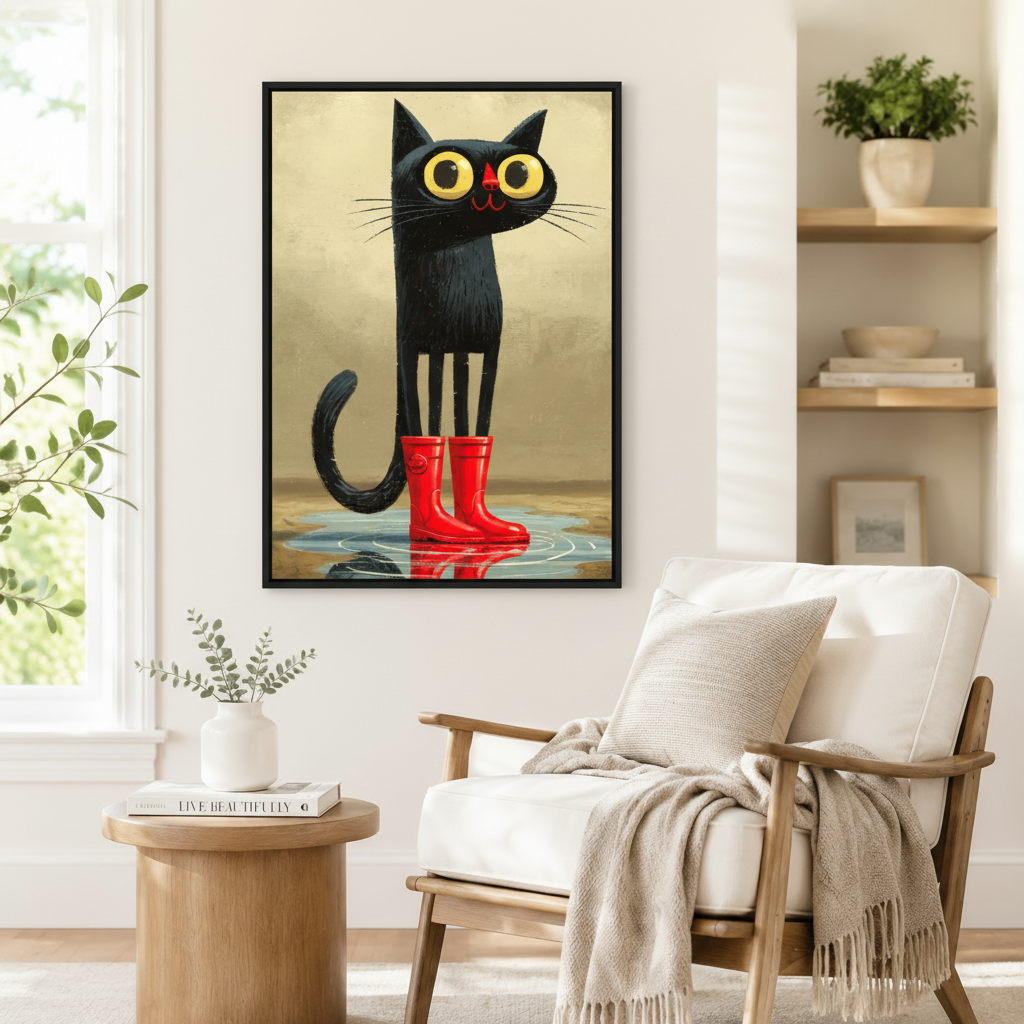 Black Cat Red Rain Boots Retro Canvas Wall Art