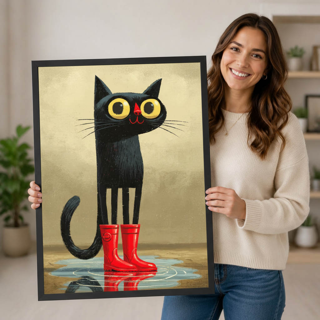 Black Cat Red Rain Boots Retro Canvas Wall Art