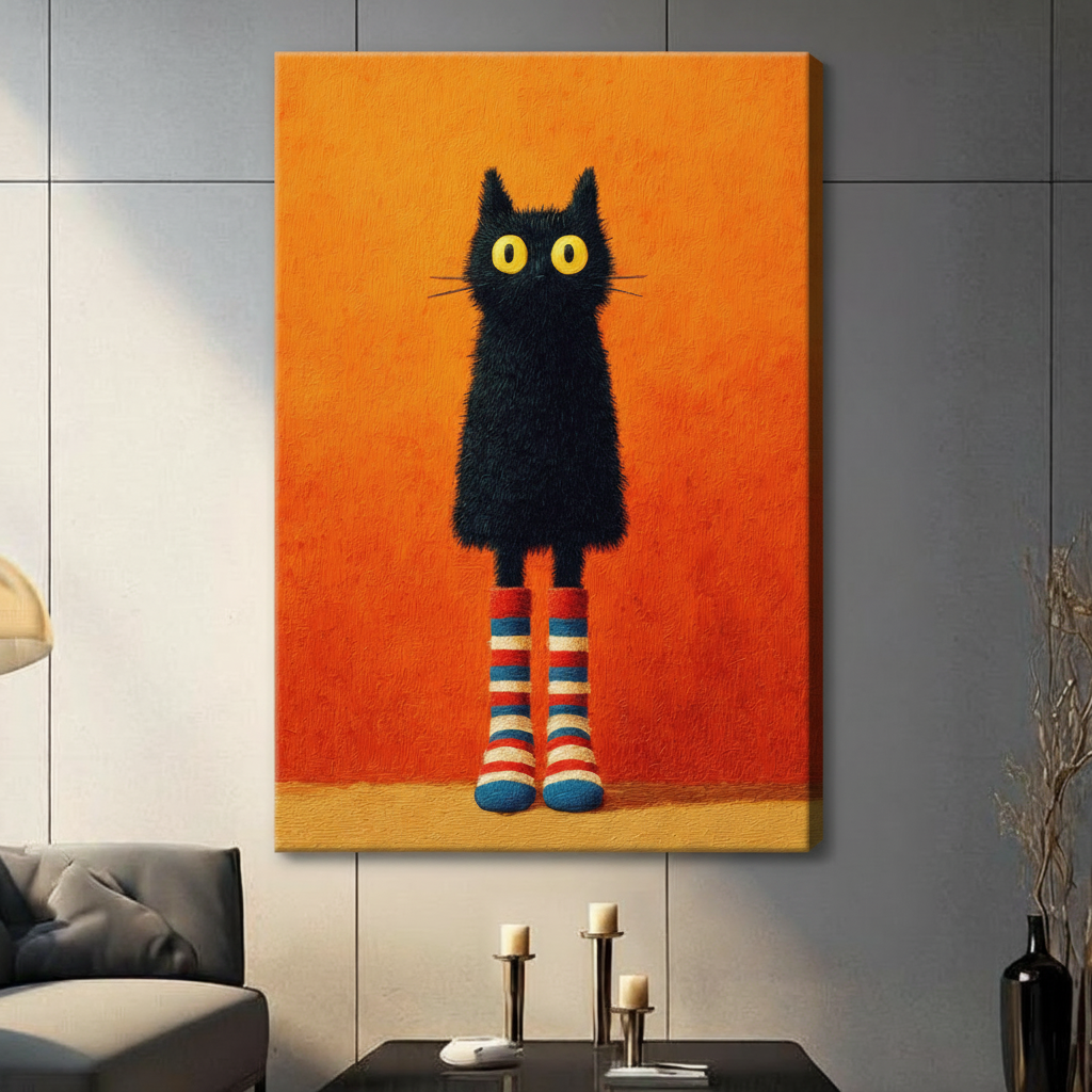 Black Cat Striped Socks Funny Canvas Wall Art