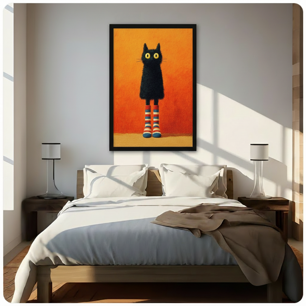Black Cat Striped Socks Funny Canvas Wall Art