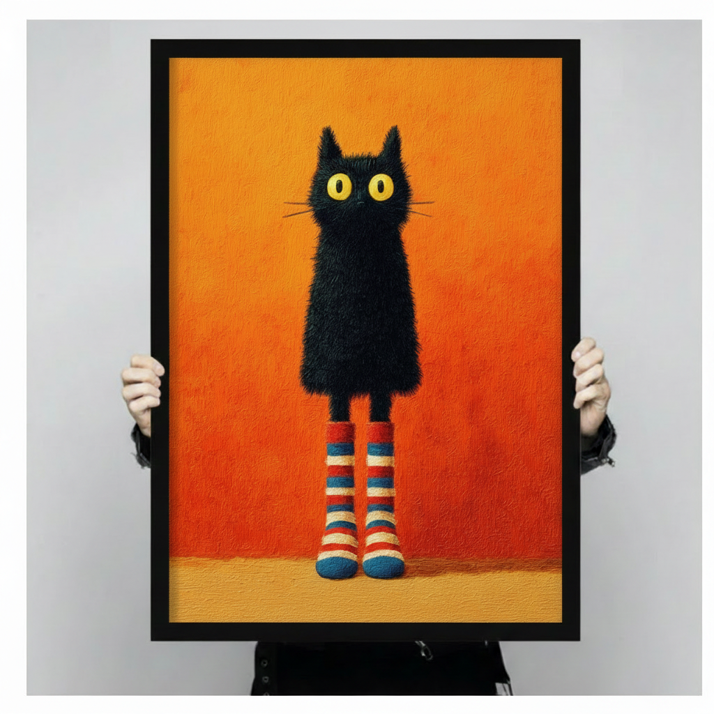 Black Cat Striped Socks Funny Canvas Wall Art