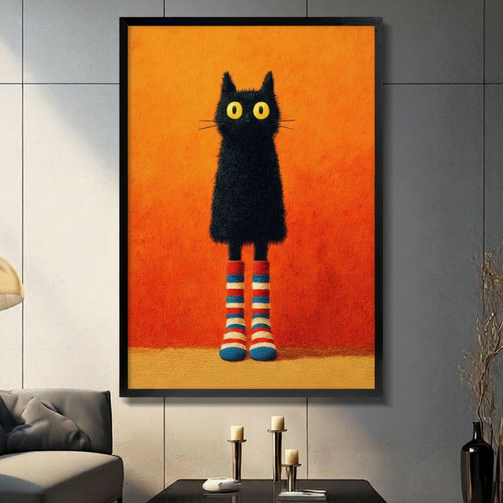 Black Cat Striped Socks Funny Canvas Wall Art