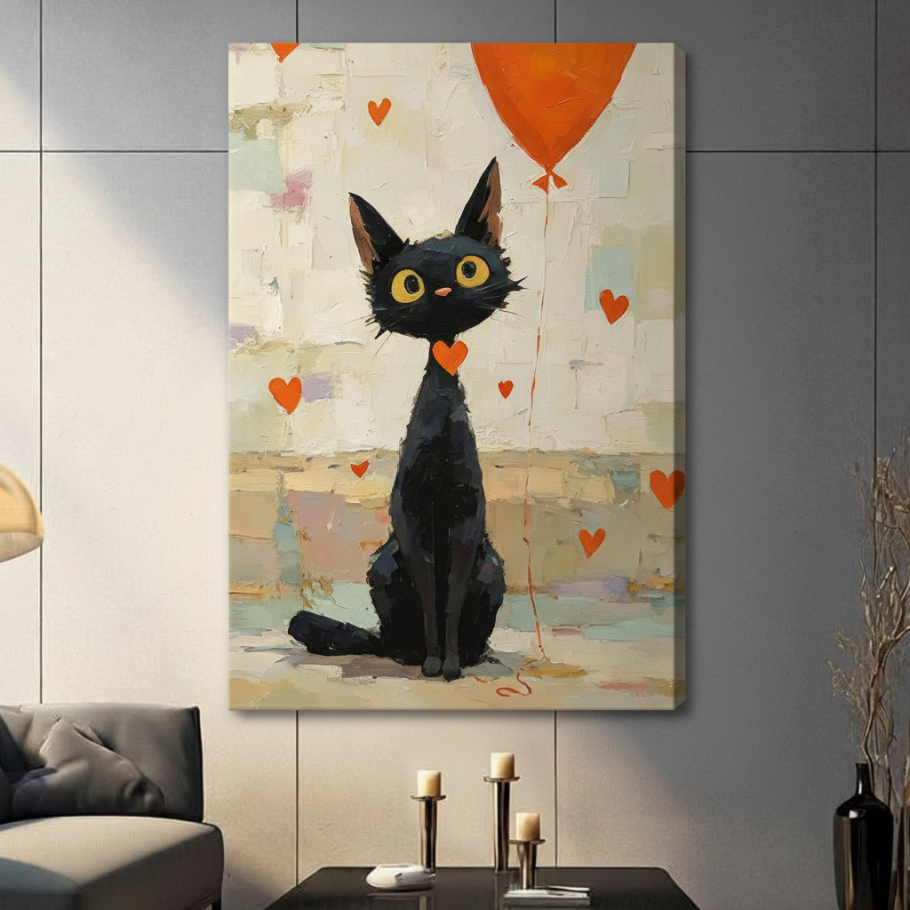 Whimsical Black Cat Balloon Heart Canvas Art Wall Art