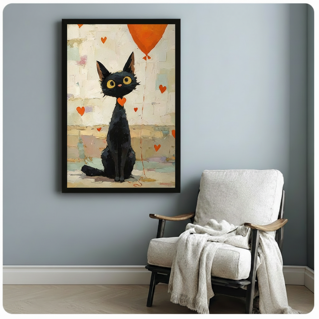 Whimsical Black Cat Balloon Heart Canvas Art Wall Art