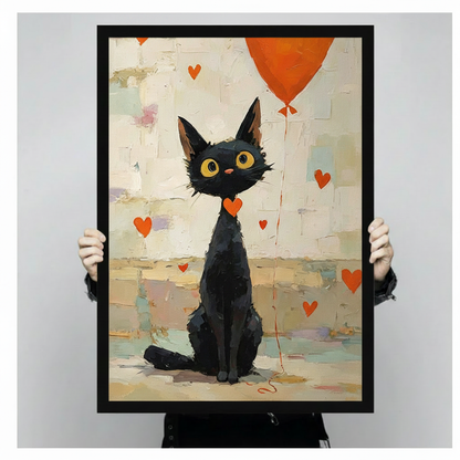 Whimsical Black Cat Balloon Heart Canvas Art Wall Art