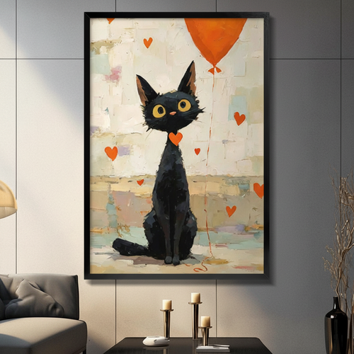 Whimsical Black Cat Balloon Heart Canvas Art Wall Art