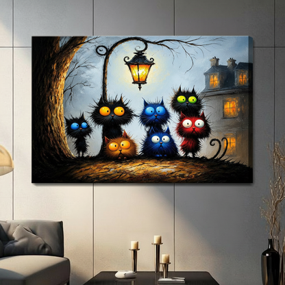 Whimsical Black Cats Night Street Canvas Art Wall Art