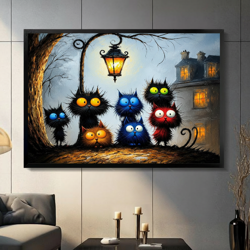 Whimsical Black Cats Night Street Canvas Art Wall Art