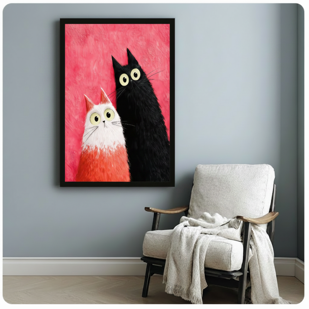 Two Cats Pink Impasto Canvas Art Wall Art