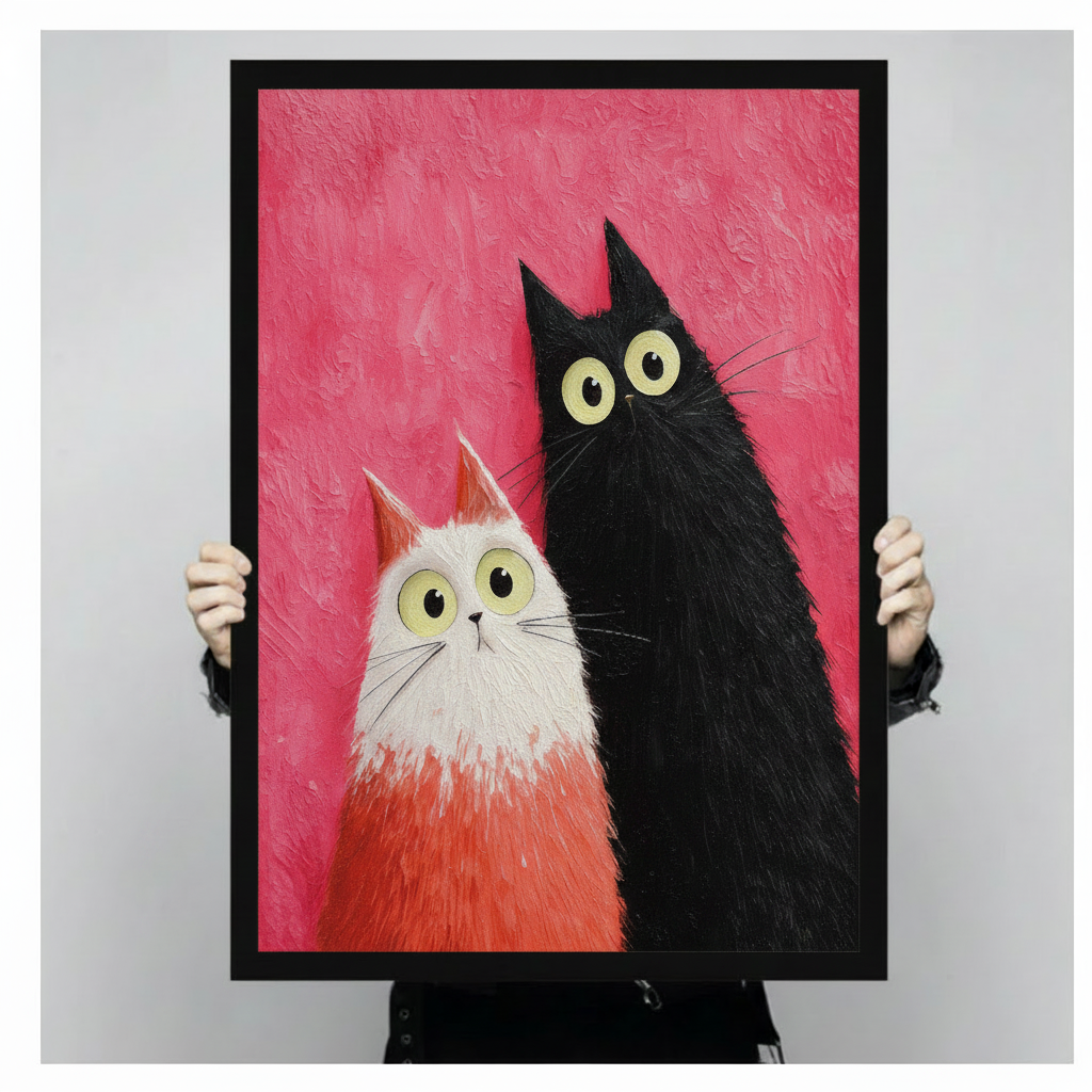 Two Cats Pink Impasto Canvas Art Wall Art
