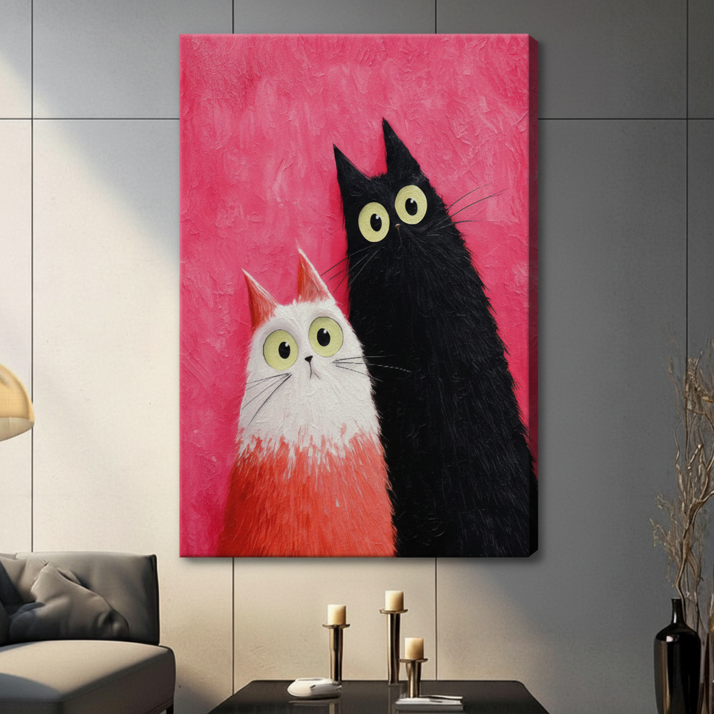 Two Cats Pink Impasto Canvas Art Wall Art