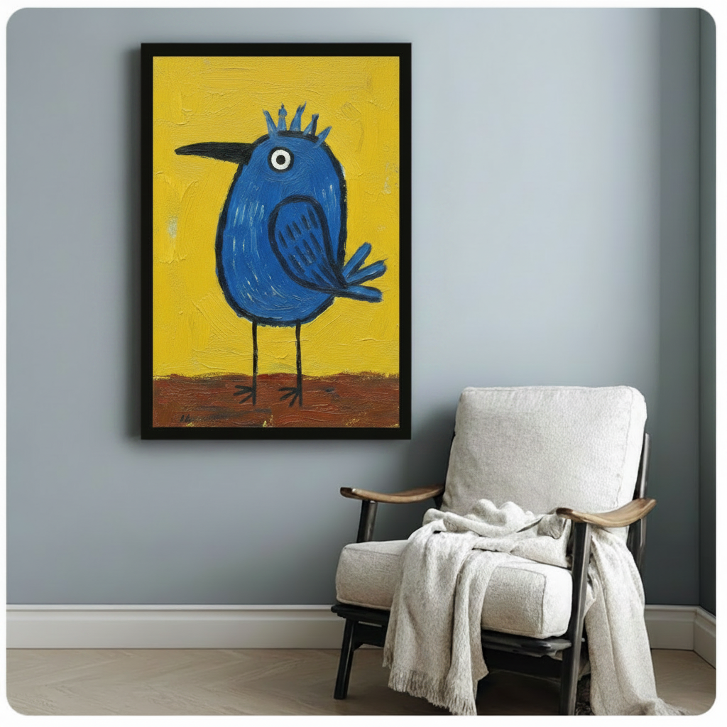 Blue Crown Bird Folk Art Canvas Wall Art