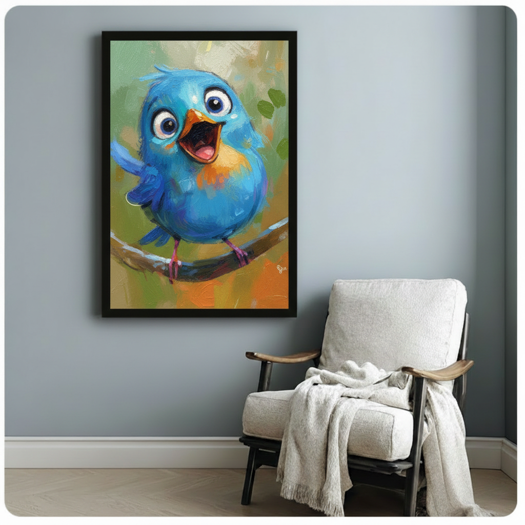 Whimsical Blue Bird Cartoon Canvas Wall Art