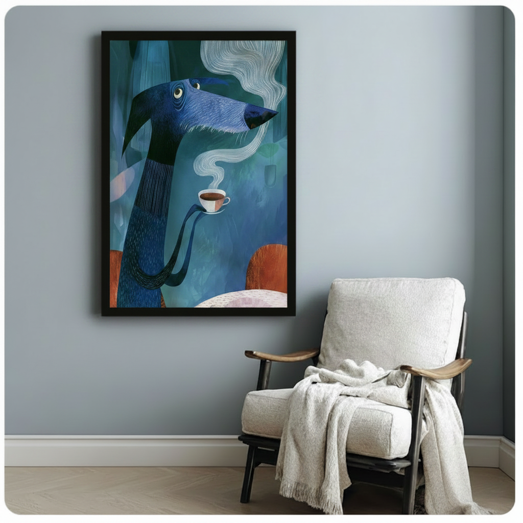 Surreal Blue Dog Coffee Cup Illustration Wall Art