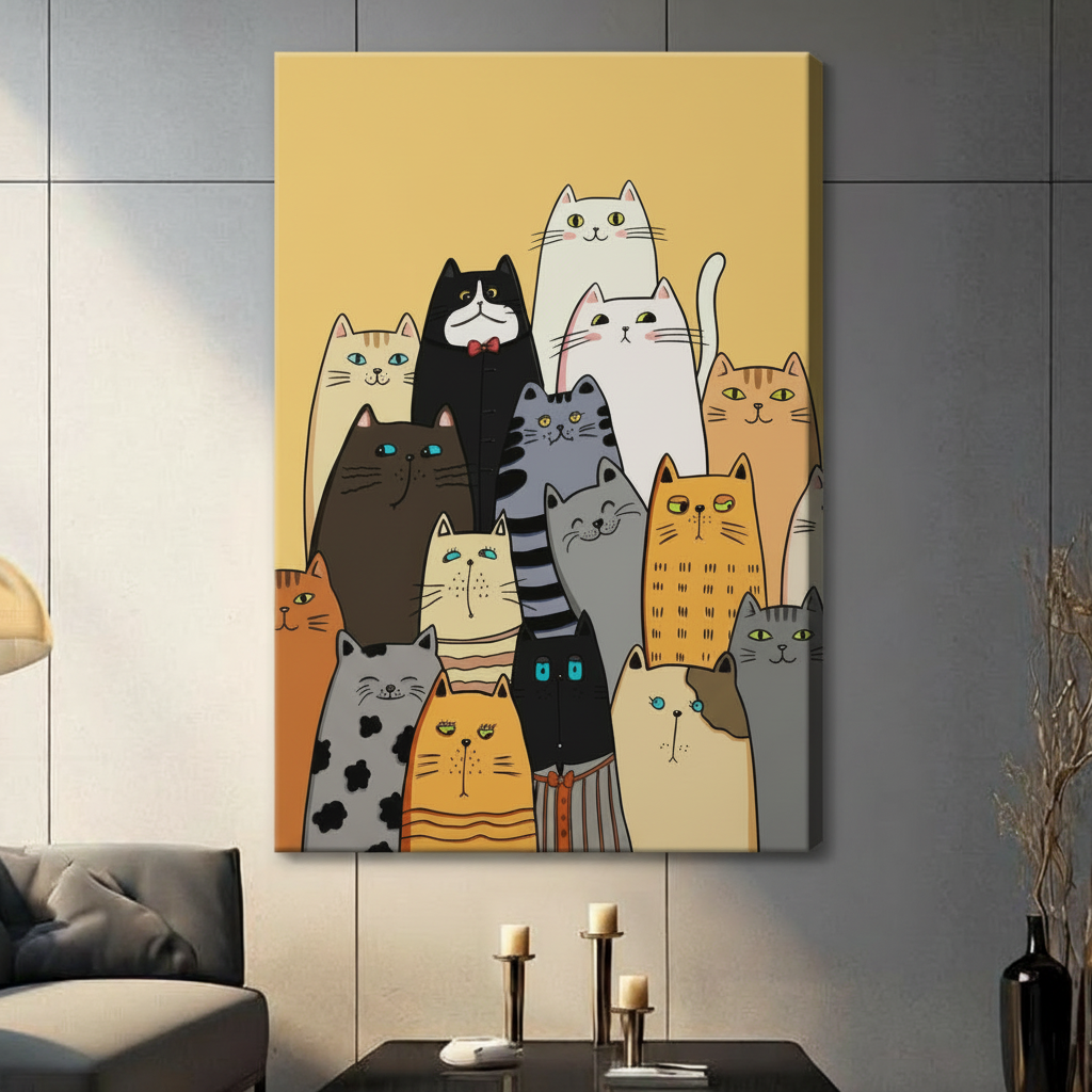 Whimsical Cat Crew Framed Canvas Art Print Wall Art