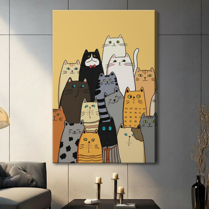 Whimsical Cat Crew Framed Canvas Art Print Wall Art