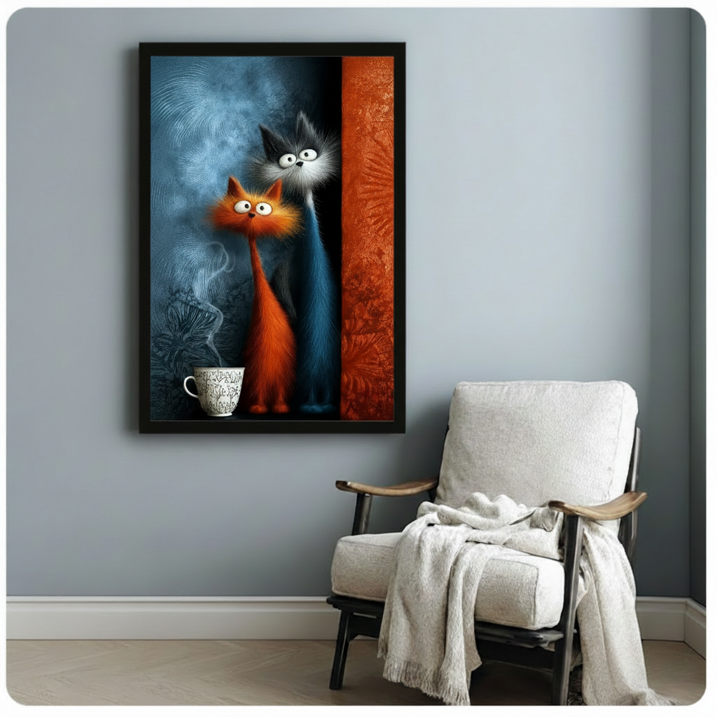Two Cats Coffee Morning Whimsical Canvas Art Wall Art