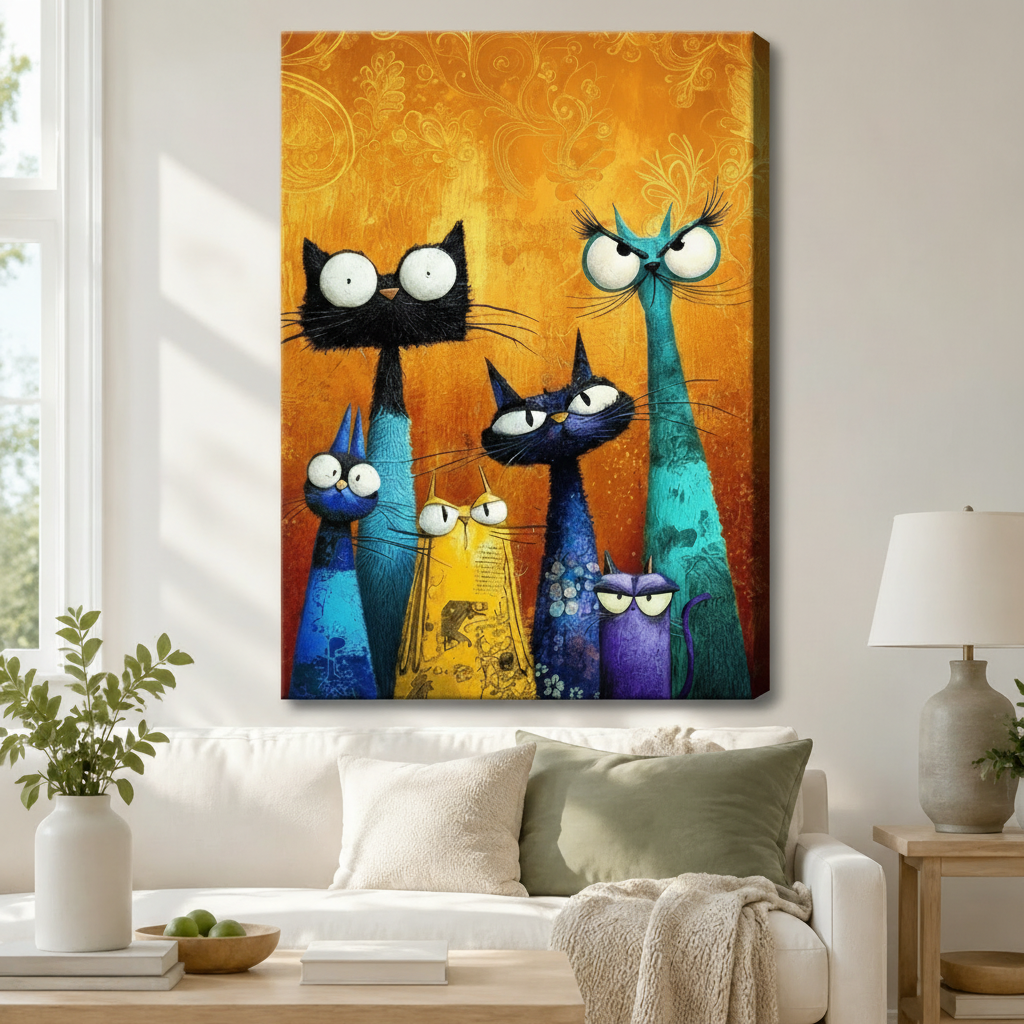 Colorful Cat Family Oil Painting Canvas Wall Art