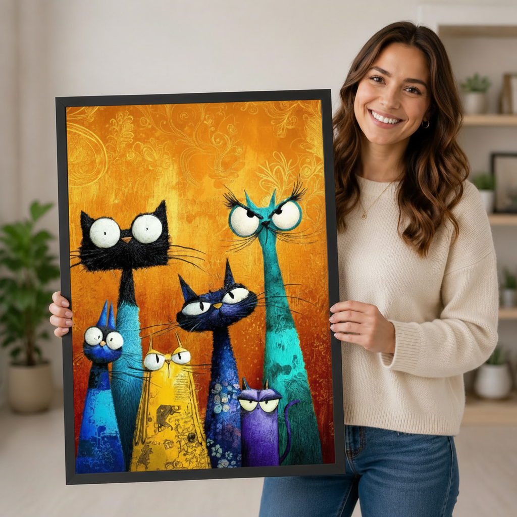 Colorful Cat Family Oil Painting Canvas Wall Art