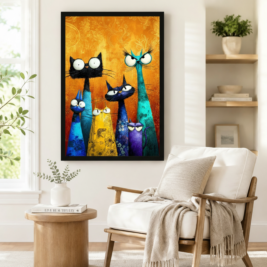 Colorful Cat Family Oil Painting Canvas Wall Art