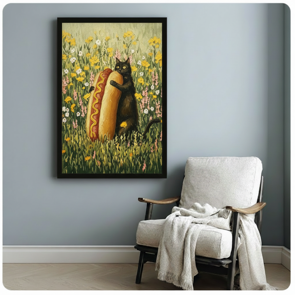 Funny Black Cat Hugging Hot Dog Canvas Art Wall Art