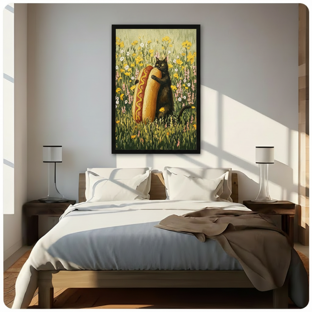 Funny Black Cat Hugging Hot Dog Canvas Art Wall Art