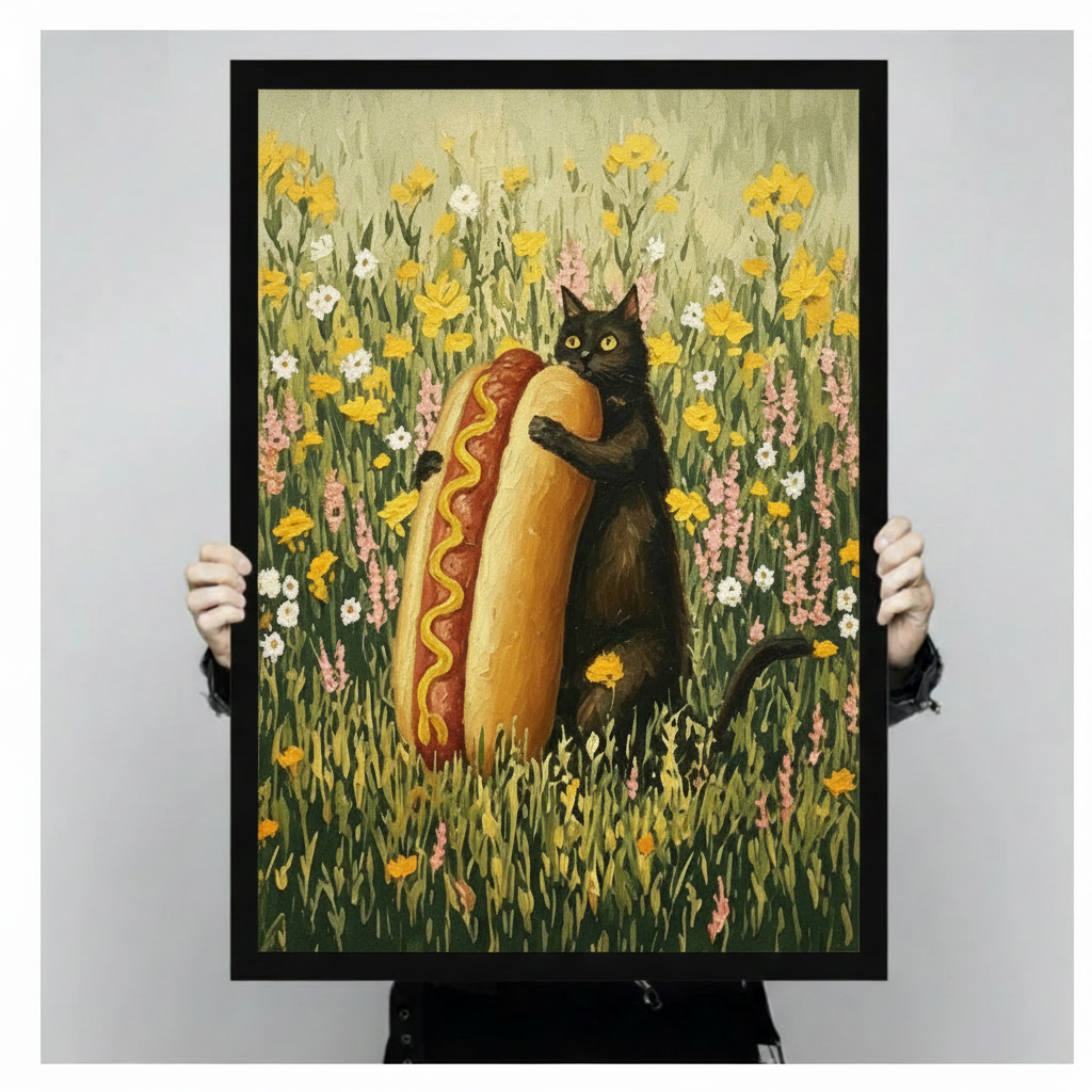 Funny Black Cat Hugging Hot Dog Canvas Art Wall Art