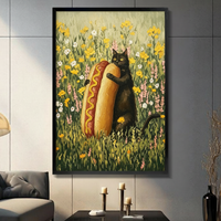 Funny Black Cat Hugging Hot Dog Canvas Art Wall Art