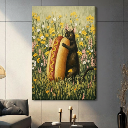 Funny Black Cat Hugging Hot Dog Canvas Art Wall Art