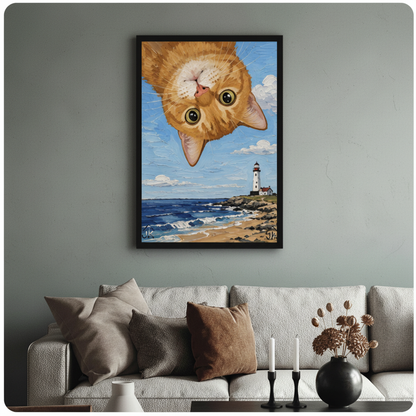 Upside Down Cat Lighthouse Coastal Canvas Art