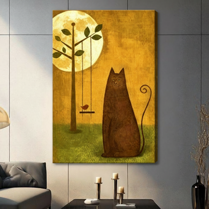 Moonlit Cat and Bird Whimsical Canvas Wall Art