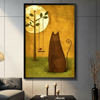 Moonlit Cat and Bird Whimsical Canvas Wall Art