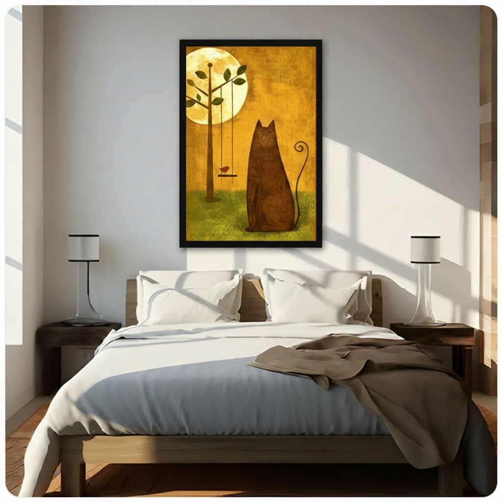 Moonlit Cat and Bird Whimsical Canvas Wall Art