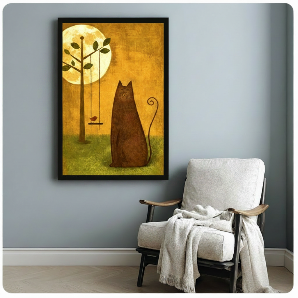 Moonlit Cat and Bird Whimsical Canvas Wall Art