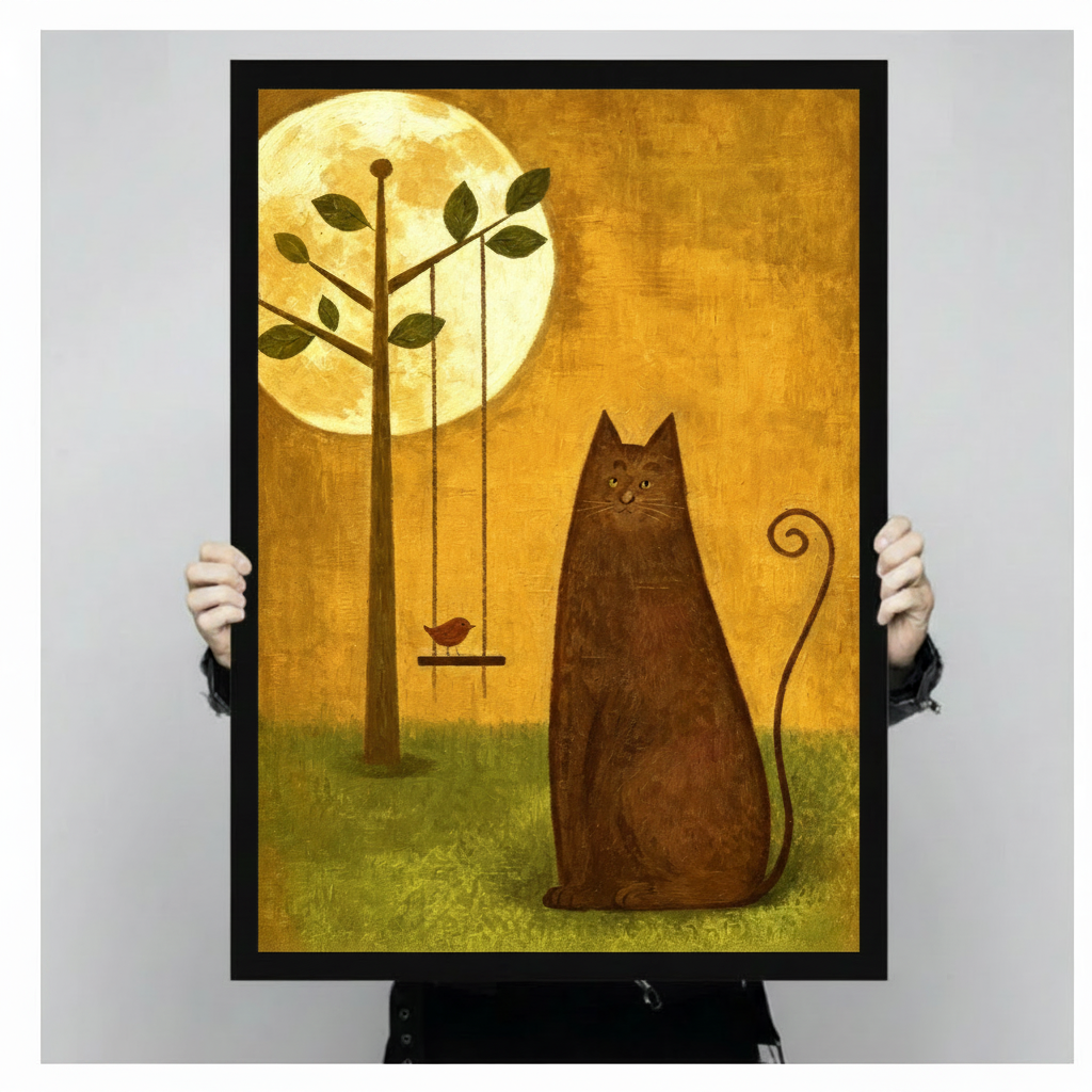 Moonlit Cat and Bird Whimsical Canvas Wall Art