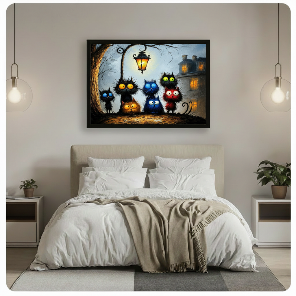 Whimsical Black Cats Night Street Canvas Art Wall Art