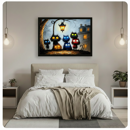 Whimsical Black Cats Night Street Canvas Art Wall Art
