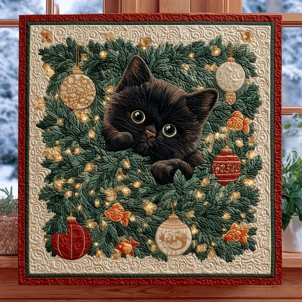 Whimsical Cat With Among Christmas Wreath Quilt Blanket
