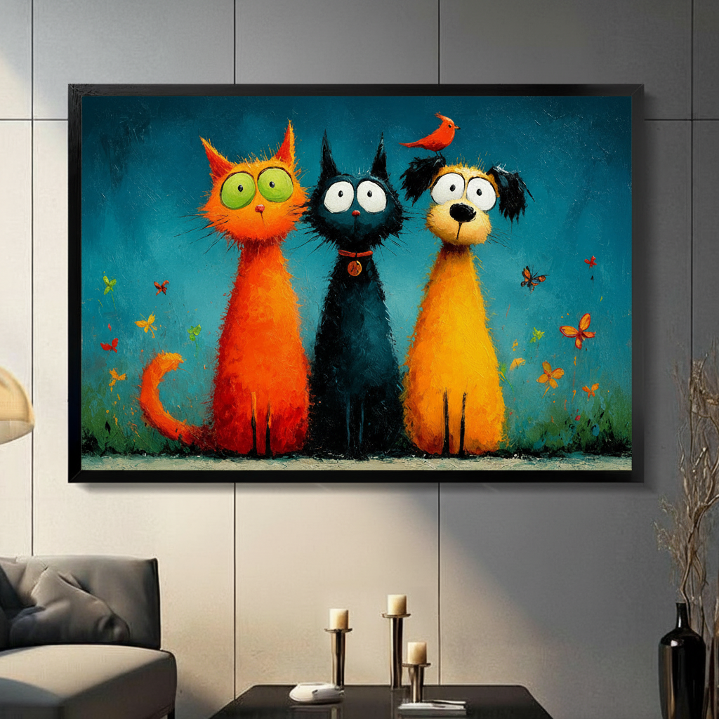 Whimsical Cats and Dog Colorful Canvas Wall Art