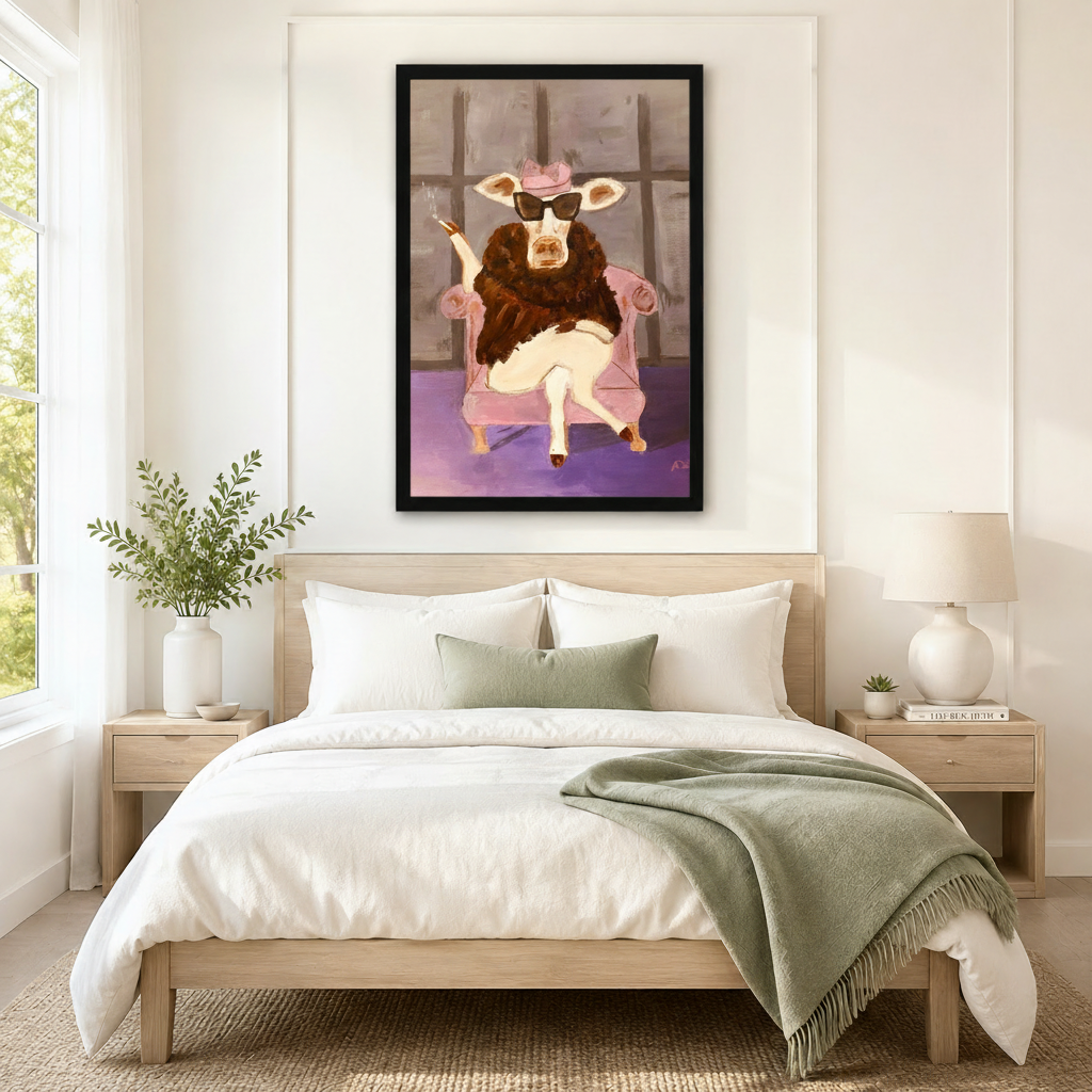 Glam Cow Pink Chair Canvas Wall Art