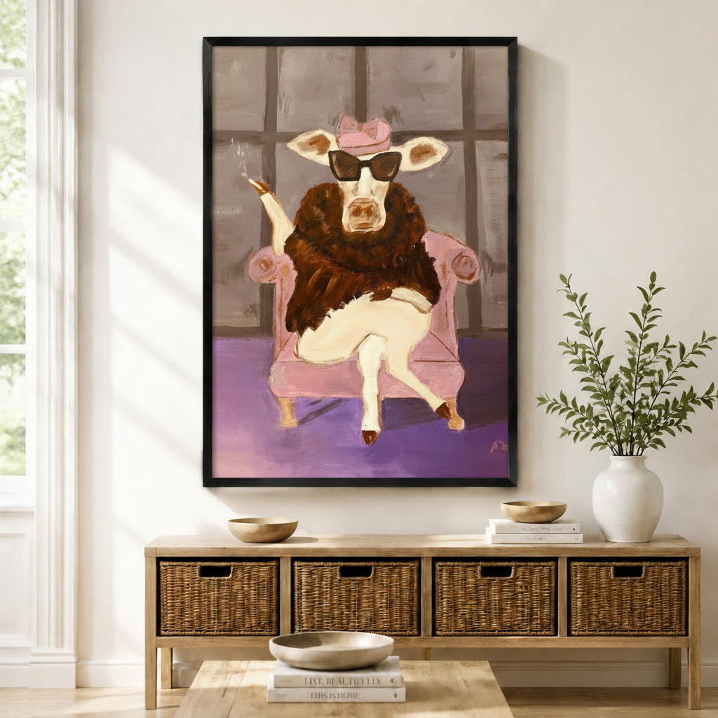 Glam Cow Pink Chair Canvas Wall Art