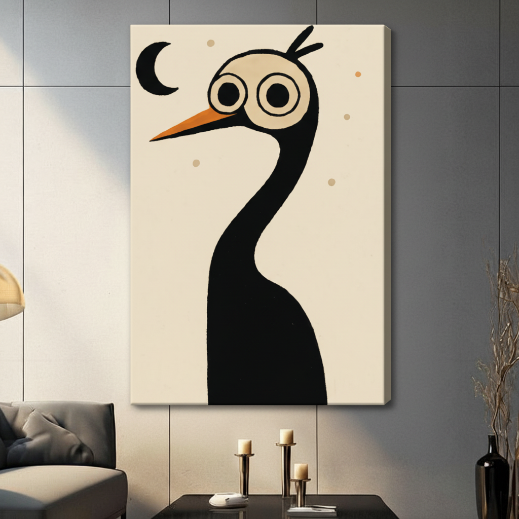 Minimalist Crane Moon Whimsical Canvas Wall Art