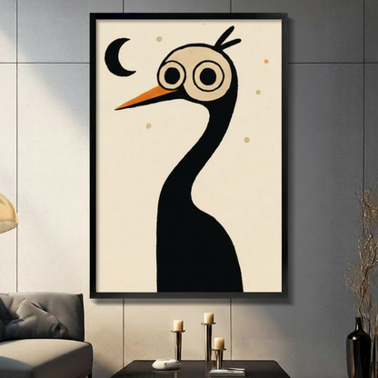 Minimalist Crane Moon Whimsical Canvas Wall Art