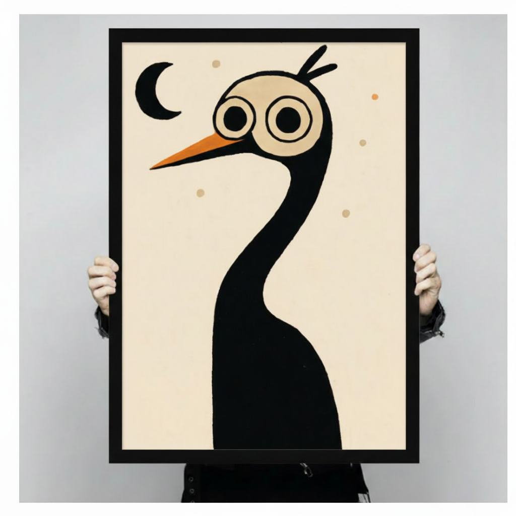 Minimalist Crane Moon Whimsical Canvas Wall Art
