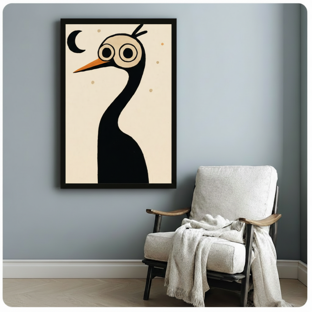 Minimalist Crane Moon Whimsical Canvas Wall Art