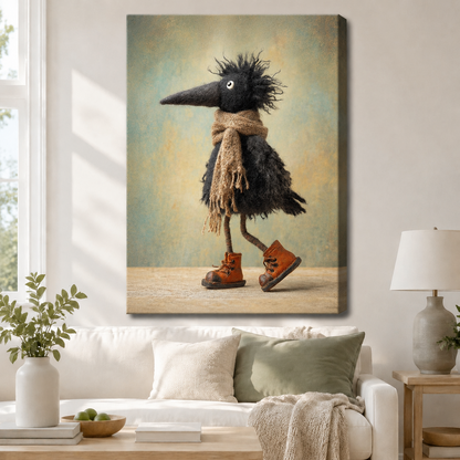 Whimsical Crow Scarf Boots Canvas Wall Art
