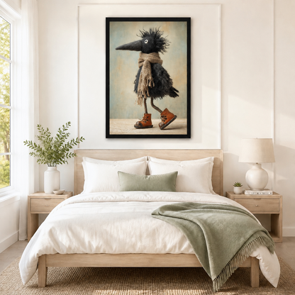 Whimsical Crow Scarf Boots Canvas Wall Art