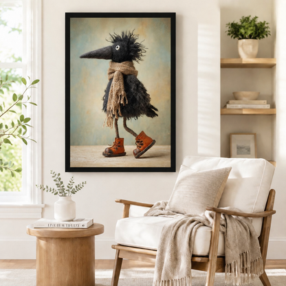 Whimsical Crow Scarf Boots Canvas Wall Art
