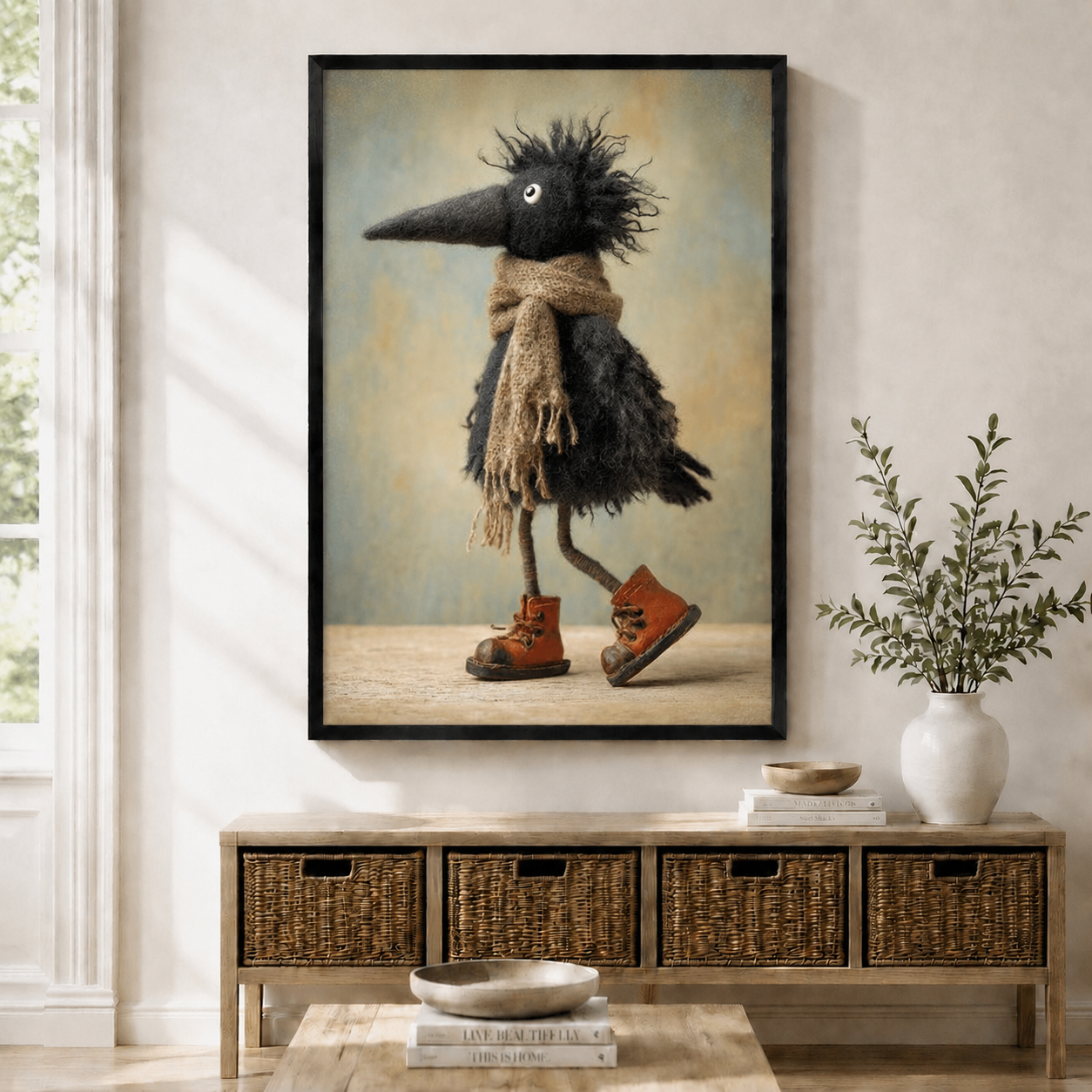 Whimsical Crow Scarf Boots Canvas Wall Art